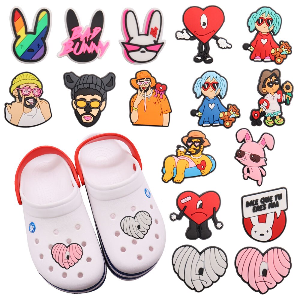 1-16PCS Hot Cartoon PVC Croc Jibz Charms Buckle Bad Bunny Rabbit Heart Girl Man Garden Shoes Ornaments Decorations Clog Kid Gift